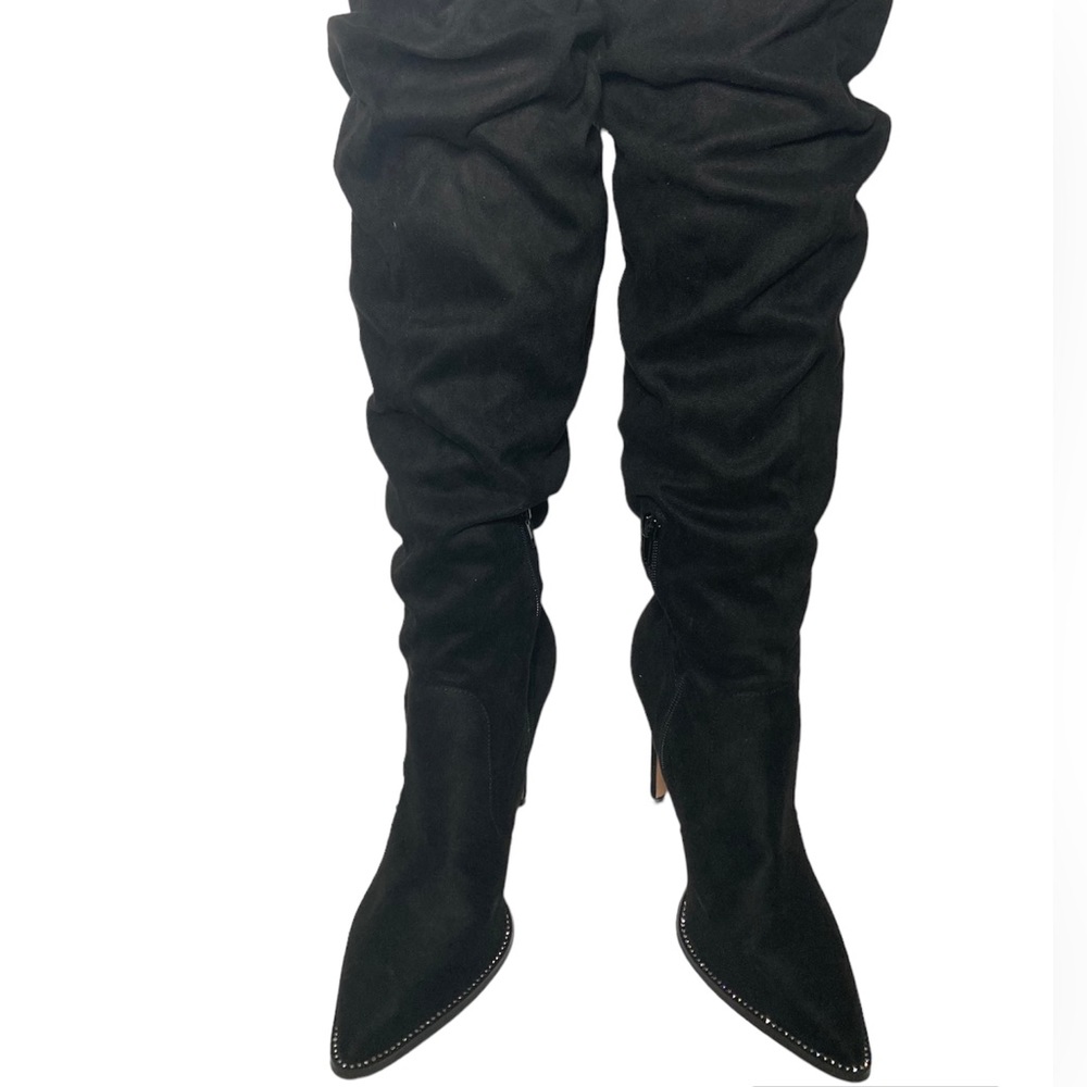 Mix No. 6 Black Knee High Rhinestone Toe Gently Preloved Faux Suede Boot Sz 8.5